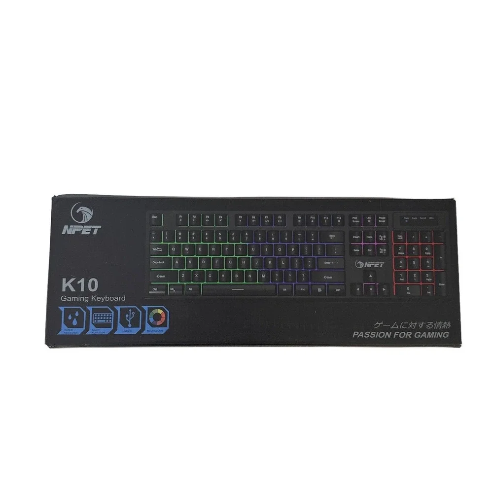 NPET K10 Gaming Keyboard Open Box Wired Illuminated Backlit Multicolor Floating
